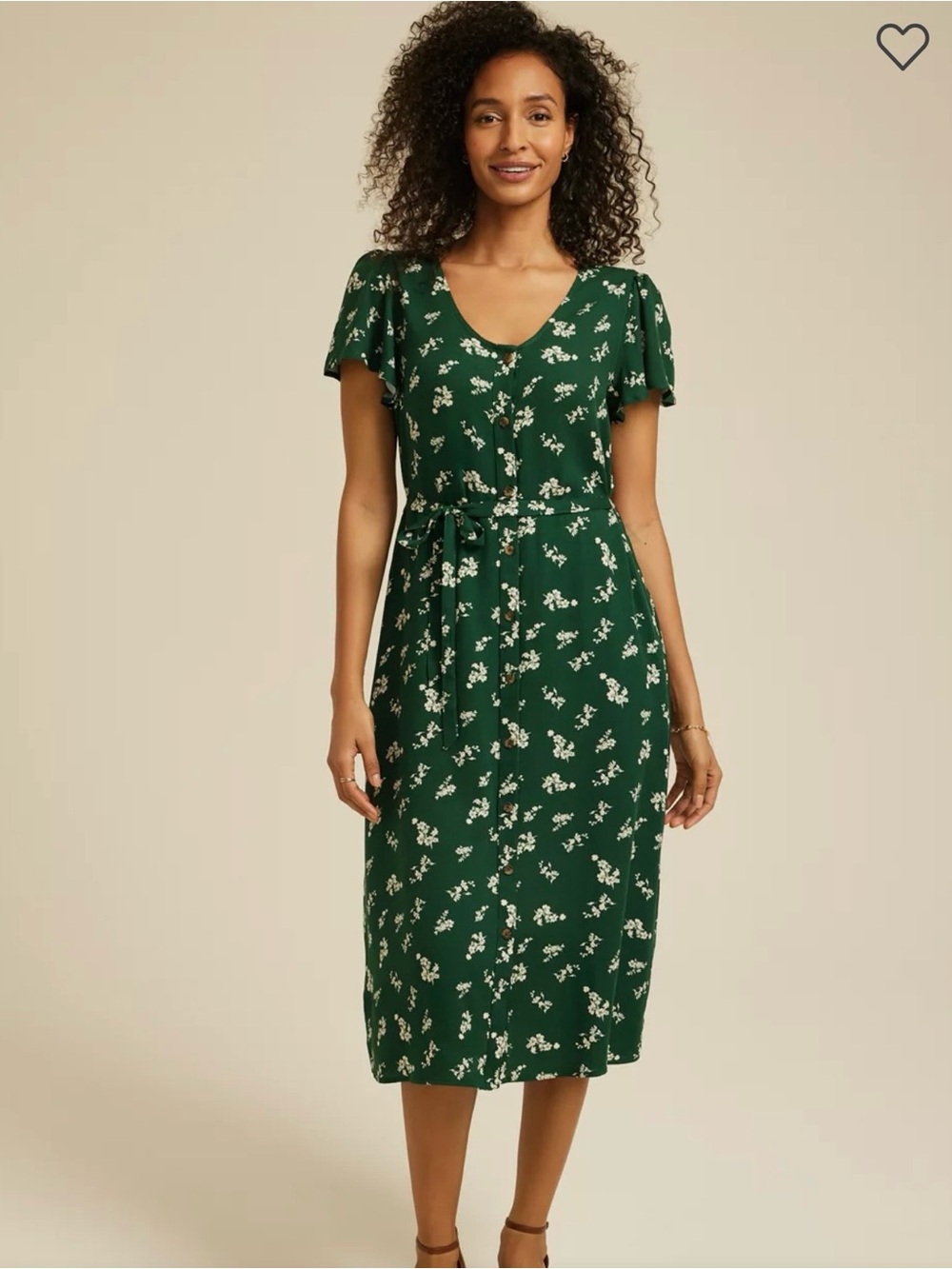 Maurices Dark Green Floral Tie-Waist Midi Dress
